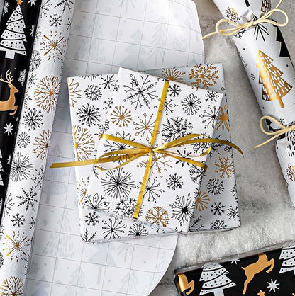MAYPLUSS Christmas Gift Wrapping Paper Roll - 17 Inch X 33 Feet - Minimalistic Elegant Snowflake Flurry with Gold Design Winter Holiday Gift Wrap Sheet for Party, DIY Crafts & Festive Decoration