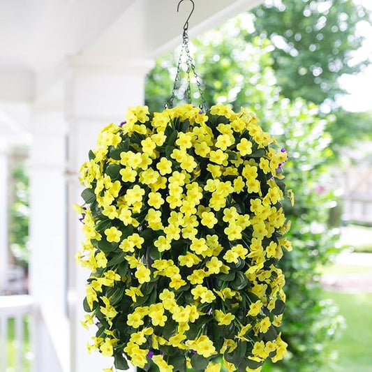 HyeFlora Artificial Fake Hanging Outdoor Flowers Plants Basket, Faux Silk Yellow Daisy Flowers UV Resistant Realistic Hanging Planter Orchid Vines for Outside Porch Patio Home Garden Yard Decoration