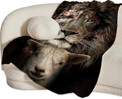 Christian Jesus Lion and Lamb Throw Blanket - Religious Gifts and Decor for Men Women Adults - Soft Warm Cozy Fleece for Couch Sofa Bed 80"x60"