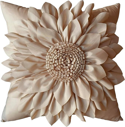 Bella's Giftshop 3D Sunflower Decorative Throw Pillow Covers for Bed Sofa Couch Car, Accent Floral Taffeta Cushion Cover, Handmade Pillow Cases Living Room Decor, 17x17 Inch-Beige/Taupe