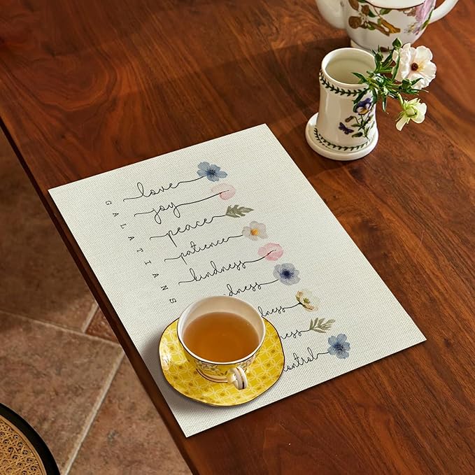 Christian Placemats Set of 4, Fruit of The Spirit Floral Bible Verse Scripture Table Mats Place Mats for Kitchen Dining Table Decoration, Christian Home Decor 16.9x11.4 Inch