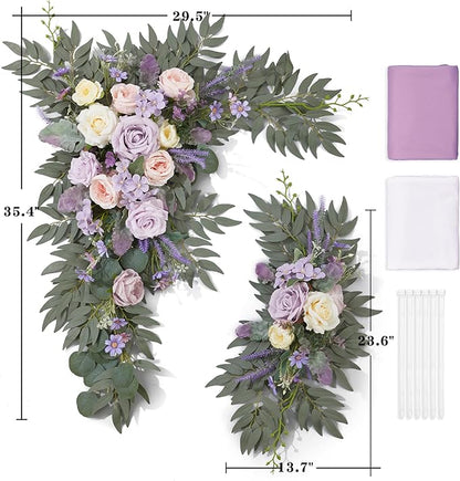 Wedding Arch Flowers with Drapes Kit (Pack of 4) - 2pcs Artificial Lilac Deluxe Swag with 2pcs Sheer Drapes for Wedding Ceremony Backdrop Rose Floral Decoration Arbor Reception