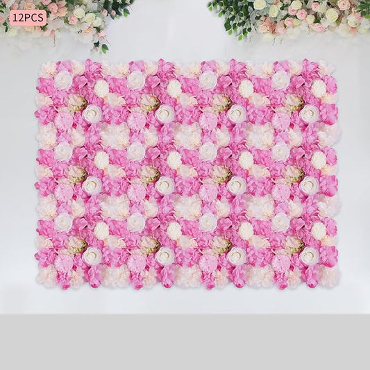 DouSeiAi 12Pcs Artificial Flower Wall Panel 3D Floral Backdrop Walls 15" X 15" Flower Wall Decor Flower Backdrop Faux Flowers Panel for Wedding Party Home Decoration, White/Deep Pink