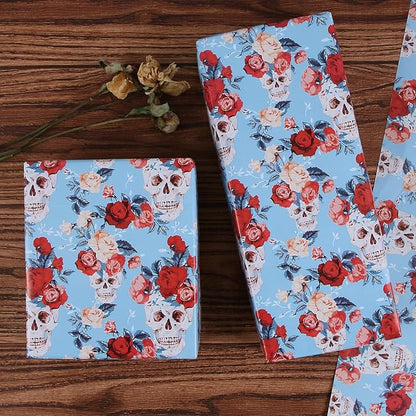 Aimyoo Blue Skull Floral Wrapping Paper Roll 17 in x10ft, Horror Gothic Gift Wrap Paper for Halloween Wedding Bridal Shower