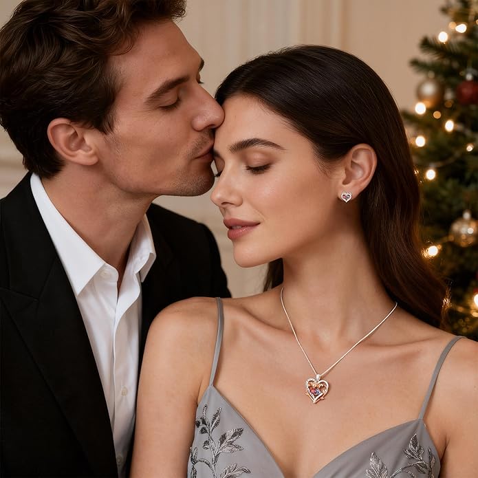 Iefil Rose Heart Double Birthstone Necklace Gifts for Wife Her Mom Women, Birthstone Jewelry Gemstone Birthday Gifts for Girlfriend Grandma Her Wife Women