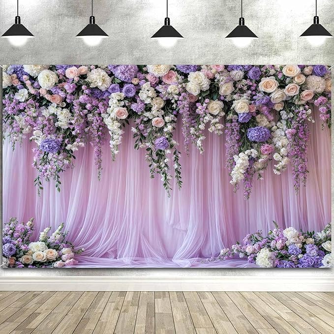 6x4ft Purple Lavender Floral Bridal Backdrop Wedding Flower Photography Backdrop for Girl Portrait Baby Shower Birthday Party Decor Banner Mother's Day Party Wall Backdrop Studio Photo Backgrounds