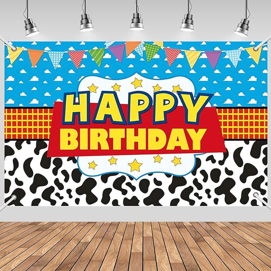 3x5ft Cartoon Cowboy Birthday Backdrop, Happy Birthday Decoration Background, Cute Cartoon Theme Party Supplies Outdoor Indoor Photo Banner
