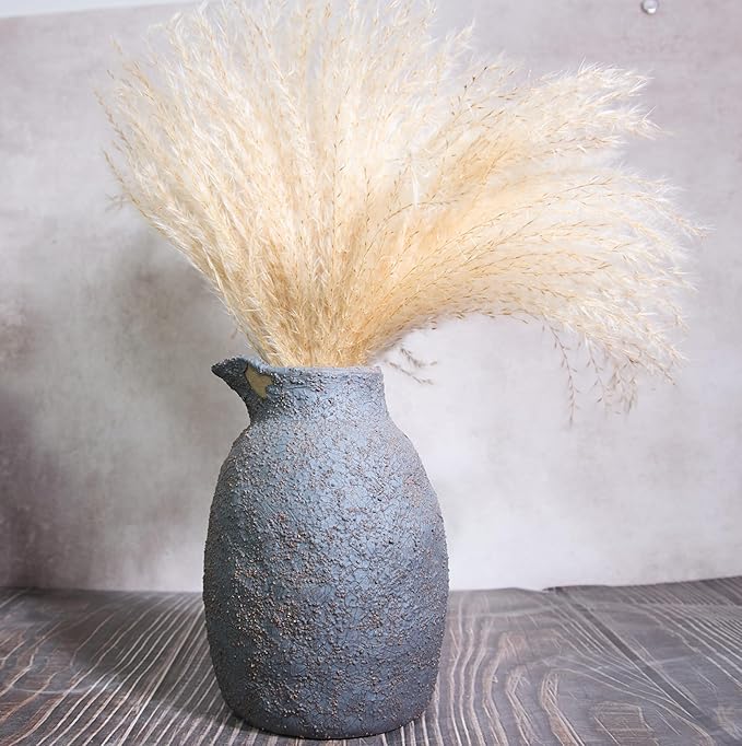 7IN Rustic Ceramic Vase Vintage Farmhouse Style Decor, Kettle Clay Wabi Sabi Vases for Farmhouse Home Decor, Decor Living Room, Table, Shelf(Black)