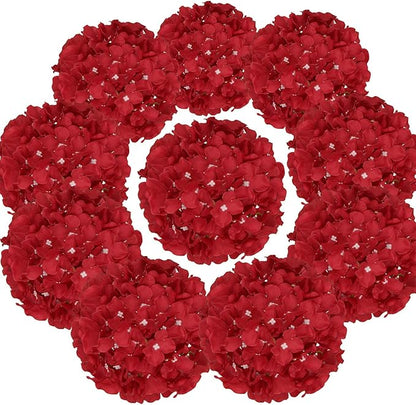 Flojery Silk Hydrangea Heads Artificial Flowers Heads with Stems for Home Wedding Decor,Pack of 10 (Red)