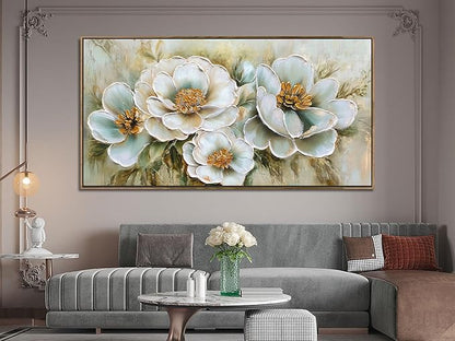 Arjun Big Size Framed Canvas Wall Art for Bedroom, Large Wood Frame Vintage Flower Painting Living Room Textured Artwork Gold Picture Bloosom Dining Room Kitchen Home Office Wall Decor, 58"x29"