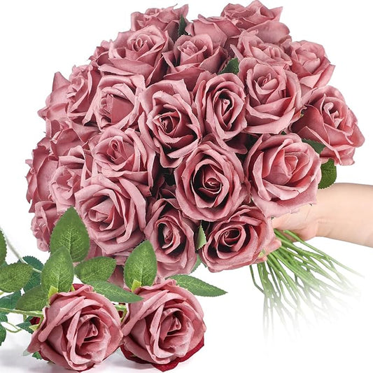 30 Pcs Rose Artificial Flowers in Bulk Real Touch Long Stem Silk Roses Bouquets Realistic Faux Flowers for Wedding Bridal Shower Home Decor Floral Arrangements Table Centerpiece(Dusty)