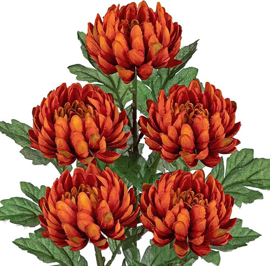 Hollyone 5Pcs Orange Artificial Mums for Outdoors Fall Chrysanthemum Flowers Fake Fall Mums Silk Long Stem Floral Arrangements Bouquets Faux Spider Mum Flower Pincushion Autumn Decorations for Home