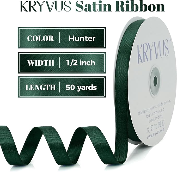 Hunter Green Satin Ribbon, Double Faced 1/2 Inch X 50 Yards Hunter Green Ribbon, Premium Satin Ribbon for Gift Wrapping, Crafts, Hair Bow Making, Sewing, Flower Bouquet, Wedding Party Decor