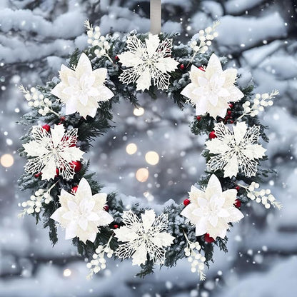 Sawowkuya 22 Pcs White Poinsettia Artificial Flowers & Glitter Berries Stems Kit, Christmas Poinsettias Decorations & Ornaments for Xmas Home Wedding Holiday Tree Decor