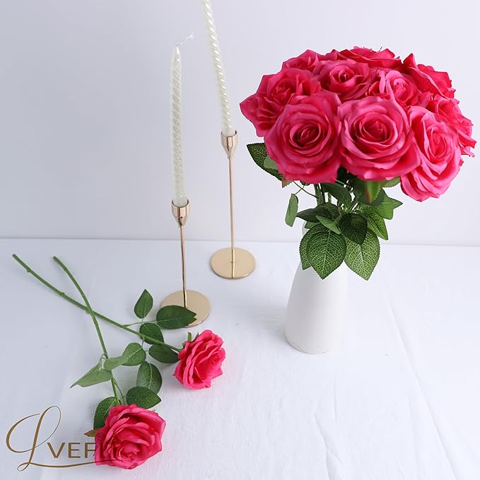 30pcs Artificial Rose Flower Hot Pink Rose Flower with Long Stem Silk Roses Bouquet for Wedding Bridal Shower Party Home Decoration