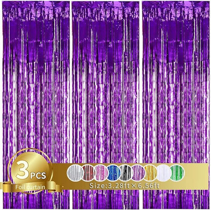 TONIFUL 3Pcs Purple Door Streamers,Purple Photo Booth Backdrop,Metallic Streamers Foil Fringe Curtains for Halloween Birthday,Christmas,New Year,St. Patrick's Day Party Decor(9.9ft x 6.6ft)