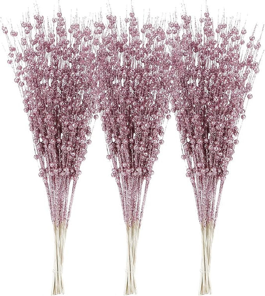 Sea Team 24-Pack Artificial Glitter Berry Stem Ornaments, Decorative Bead Sticks, Glittery Twigs, Picks, Branches for Christmas Tree, Small Vase, Holiday, Wedding, Party (17 Inches, Pink)