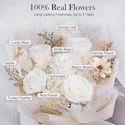 Preserved Bouquet of Flowers - 5 Roses & Flowers for Delivery, Real White Forever Flower, Eternal Roses Bouquet for Mothers, Mom, Wife Anniversary Birthday Gifts for Women
