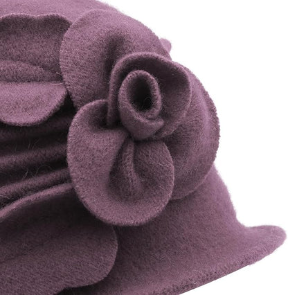 ZLYC Women Wool Cloche Bucket Hat 1920s Vintage Dress Winter Hats with Flower Accent