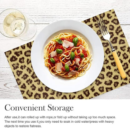 Placemats Set of 4 Waterproof Oilproof Table Mats Leopard Print Pattern Washable Wipeable Heat Resistant Easy to Clean for Indoor Outdoor Party Kitchen Dining Table Decoration 12 * 18in