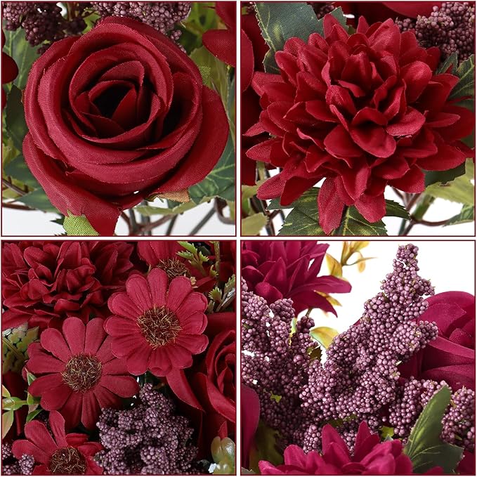 Dremisland Artificial Christmas Flowers Like Real Artificial Bouquet 2 Packs Silk Artificial Roses Bouquet with Daisy Chrysanthemum Burgundy Flowers for Christmas Centerpiece Table Home Decor