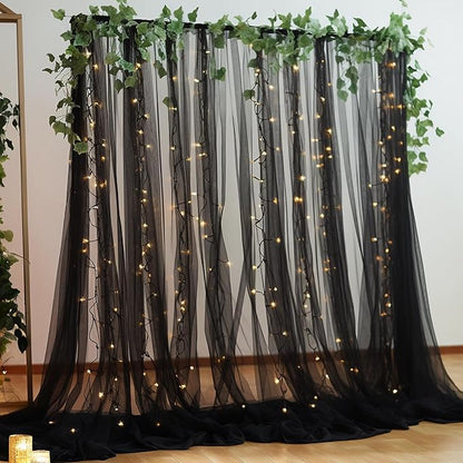 10×10ft Black Tulle Backdrop Curtain with Lights String for Parites, Sheer Photo Backdrop Curtains for Wedding Party Photography Background