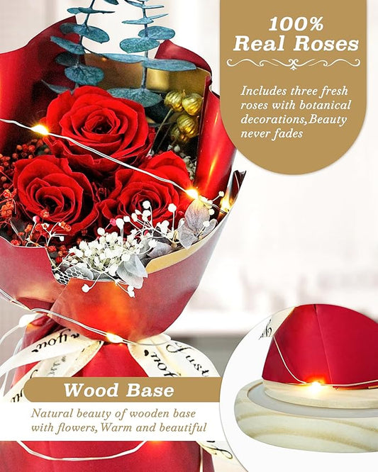 HVY Preserved Flowers Bouquet for Her,Forever Flowers Fresh Bouquet Mothers Day Birthday Gifts for Mom Preserved Rose Gifts for Women Wife Girlfriend Red Eternal Rose Present