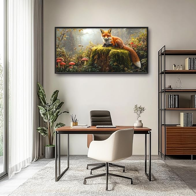 Forest Fox Large Wall Art Framed Rustic Wall Decor for Living Room Fox Mushroom Pictures Oversized Canvas Print Painting Modern Extra Large Framed Artwork for Bedroom Office 60"x30"