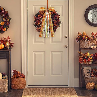 Large Fall Ribbon Bow for Wreath, Orange Buffalo Plaid Fabric Ribbons Set Assorted Lace Ribbon Fall Clip-On Wreath Sash Ribbons Bundle for Thanksgiving Indoor Outdoor Decor