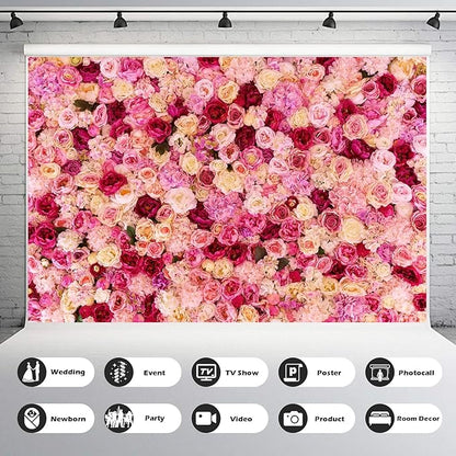 Pink Red Rose Flowers Theme Photography Background Baby Shower Wedding Happy Birthday Photo Backdrop Dessert Cake Table Floral Decoration Studio Props Banner Decor Background 10x8ft