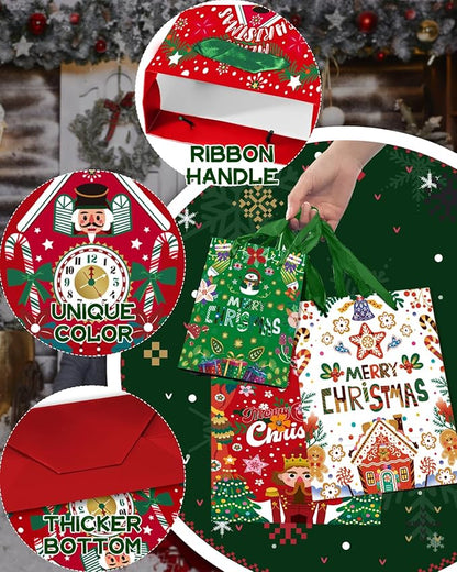 qiqee Christmas Gift Bags Assorted Variety Size Red Green Puppet Design Holiday Tissue Paper Bag Set of 10( 2PCS Large 5.5"x10.2"x13", 4PCS Medium 4.3"x 7.7"x 9.6", 4PCS Small 2.4"x 4.7"x 6.3", 30PCS Tissue Paper)