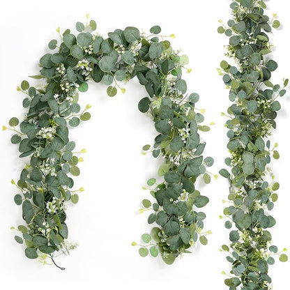 TOCHGREEN 2 PCS Artificial Eucalyptus Garland 5.9FT Faux Silver Dollar Greenery Garland Vines with White Flower Boxwood Fake Hanging Plants for Wedding Home Party Table Mantle Wall Decor