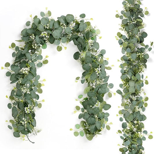TOCHGREEN 2 PCS Artificial Eucalyptus Garland 5.9FT Faux Silver Dollar Greenery Garland Vines with White Flower Boxwood Fake Hanging Plants for Wedding Home Party Table Mantle Wall Decor