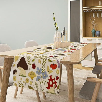 Mushroom Wildflower Table Runner Colorful Cartoon Style Cute Plants Dinner Runner for Farmhouse Cabin Home Kitchen Dining Holiday Party Decor 13x90in