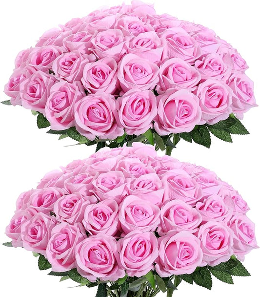 50Pcs Pink Roses Artificial Flowers Fake Roses Faux Velvet Silk Flower for Home Wedding Decoration (Pearl Rose, Gradient Pink)