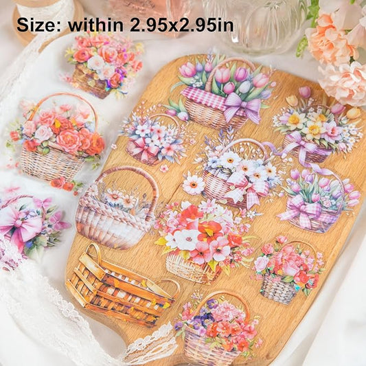 Floral Basket Holographic PET Sticker Set, 72Pcs Vintage Flower Stickers for Scrapbooking, Journaling, Junk Journal Supplies, and DIY Crafts