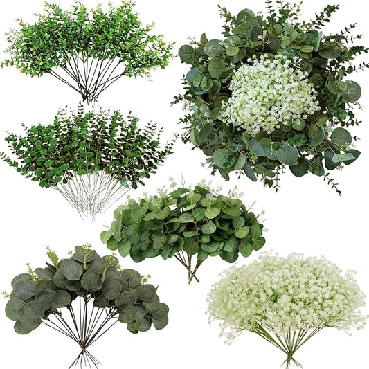 150 Packs 5 Kinds Artificial Greenery Stems Mixed Artificial Eucalyptus Wedding Bouquet Bulk Fake Eucalyptus Stems Greenery Leaves for Vase Wedding Home Table Decor DIY Bouquets (Green)