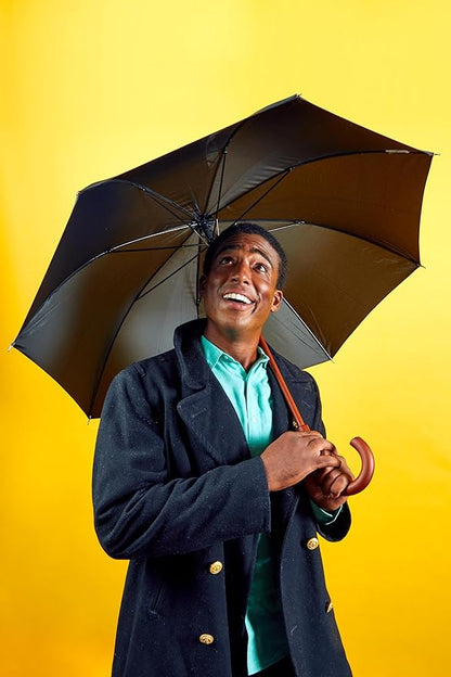 Totes Eco Auto Open Umbrella Classic Wooden J Stick Handle with Easy Grip - Windproof, Rainproof and Durable Canopy Design – Versatile Travel, Perfect for Rainy Days