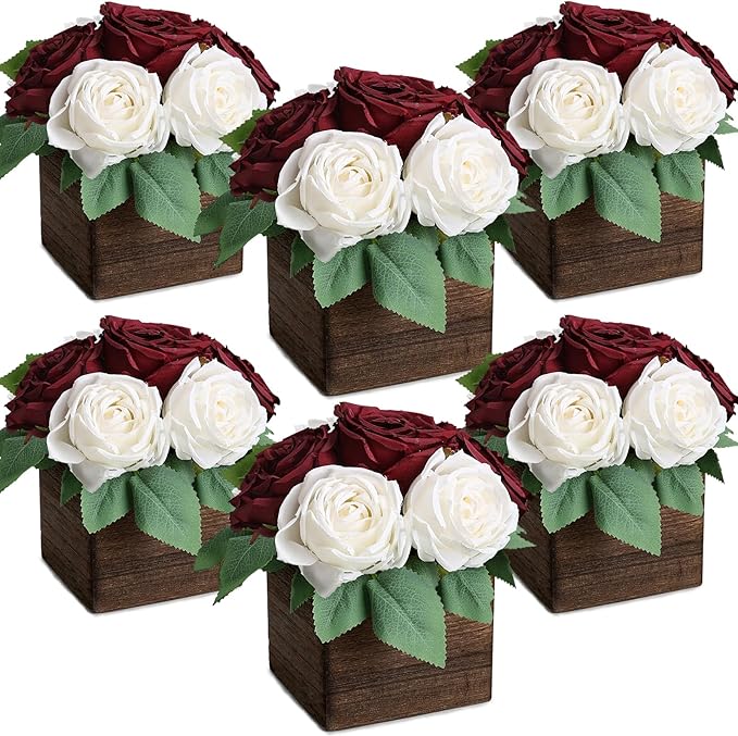Dining Table Centerpiece Set of 6 - Pre-Made Aritifial Rose with Wooden Vase Fake Floral Arrangment Faux Flower for Wedding Bridal Tea Party Event Decorations - Burgundy & White