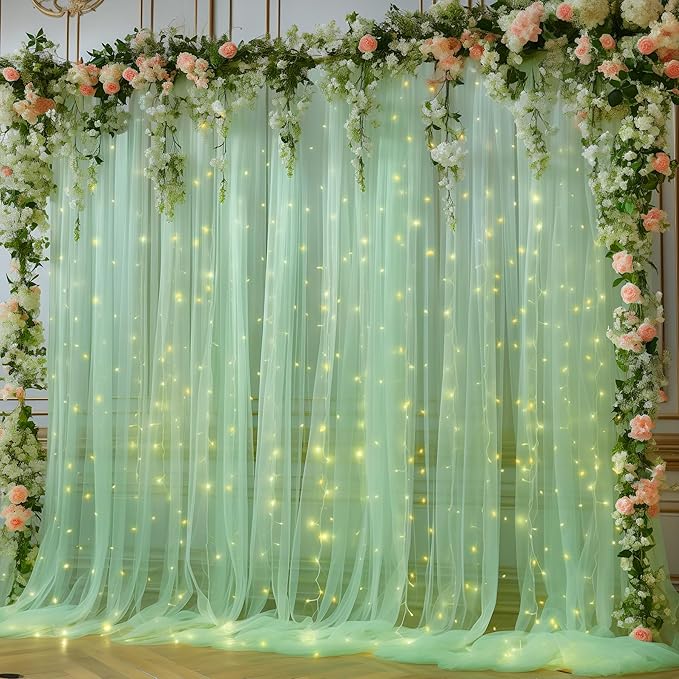 10x10ft Olive Green Tulle Backdrop Curtain with Lights String for Parites, Sheer Backdrop Curtains for Christmas Wedding Baby Shower Birthday Party Photo Shoot Decorations