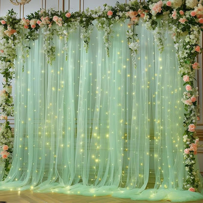 10x10ft Olive Green Tulle Backdrop Curtain with Lights String for Parites, Sheer Backdrop Curtains for Christmas Wedding Baby Shower Birthday Party Photo Shoot Decorations