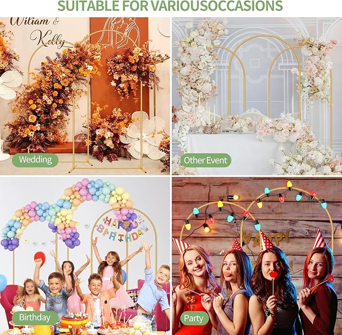 Metal Arch Backdrop Stand Set of 3(6 ft, 5 ft, 4 ft) Party Arch Stands for Wedding, Birthday, Baby Shower, Bridal Shower,Balloon Arched Frame for Garden Decor, Gold Floral Arches
