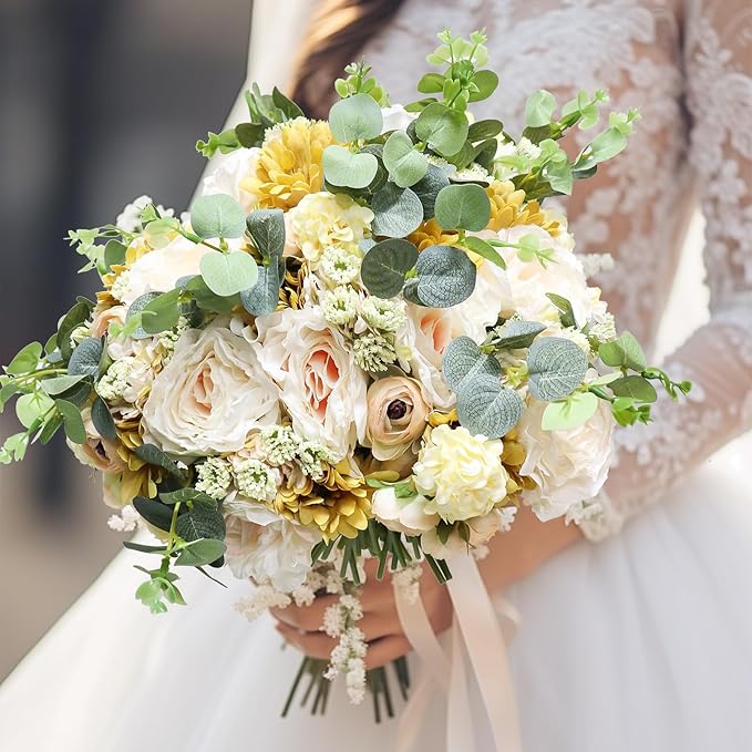 Zerzsy 4pcs Peonies Artificial Flowers, Champagne ArtificialPeony, Silk Faux Flower Fake Yellow Peonies Artificial Flowers Peonies Bouquet for Centerpiece Table Wedding Party Home Decor
