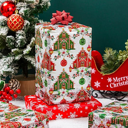 Yarcony Reversible Christmas Wrapping Paper, Vintage Christmas Ornament Gift Wrapping Paper, Classic Watercolor Retro House and Snowflakes Pattern for Holiday, Party(Mini Roll, 17Inch x 33Feet)