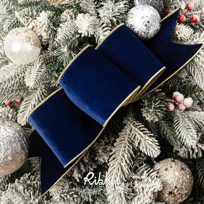 Ribbli Navy Velvet Wired Ribbon 4 Inch Luxury Matte Velvet Christmas Ribbon for Gift Wrapping Christmas Tree Decoration Crafts Wreaths Supplies - 10 Yards