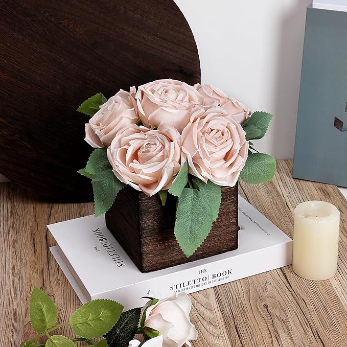 Dining Table Centerpiece Set of 6 - Pre-Made Aritifial Rose with Wooden Vase Fake Floral Arrangment Faux Flower for Wedding Bridal Tea Party Event Decorations - Boho