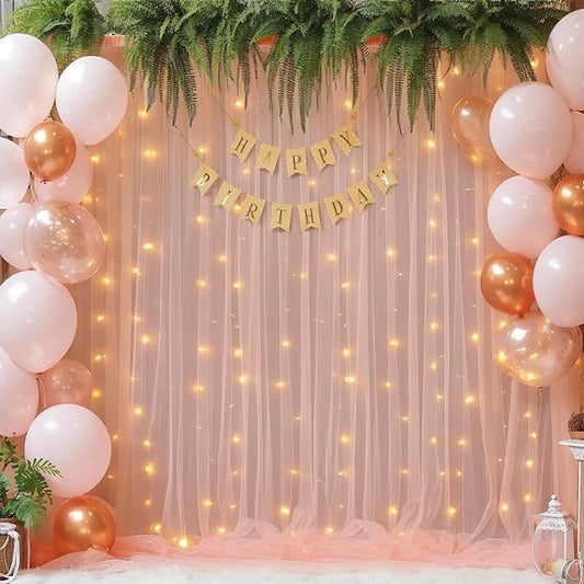 10x10ft Peach Tulle Backdrop Curtain with Lights String for Parites, Sheer Backdrop Curtains for Wedding Baby Shower Birthday Party Photo Shoot Decorations