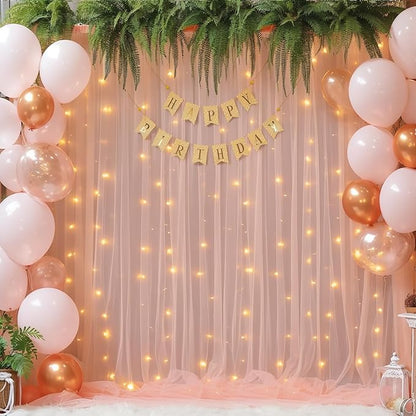 20x10ft Peach Tulle Backdrop Curtain with Lights String for Parites, Sheer Backdrop Curtains for Wedding Baby Shower Birthday Party Photo Shoot Decorations