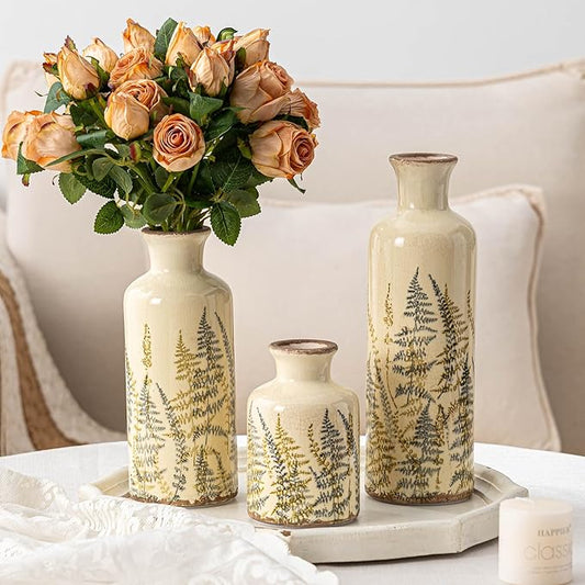 Ceramic Vase Set of 3, Vintage Green Floral Beige Vases, Rustic Chinoiserie Decorative Vases for Home Decor, Living Room, Kitchen, Wedding Gifts, Shelf Decor, Farmhouse Ceramic Vases for Home Decor