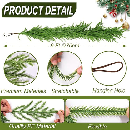 9 Ft Christmas Norfolk Pine Garland Real Touch Artificial Faux Greenery Christmas Garland Decorations for Home Mantle Table Fireplace Stairs Door Indoor Outdoor Holiday Decor
